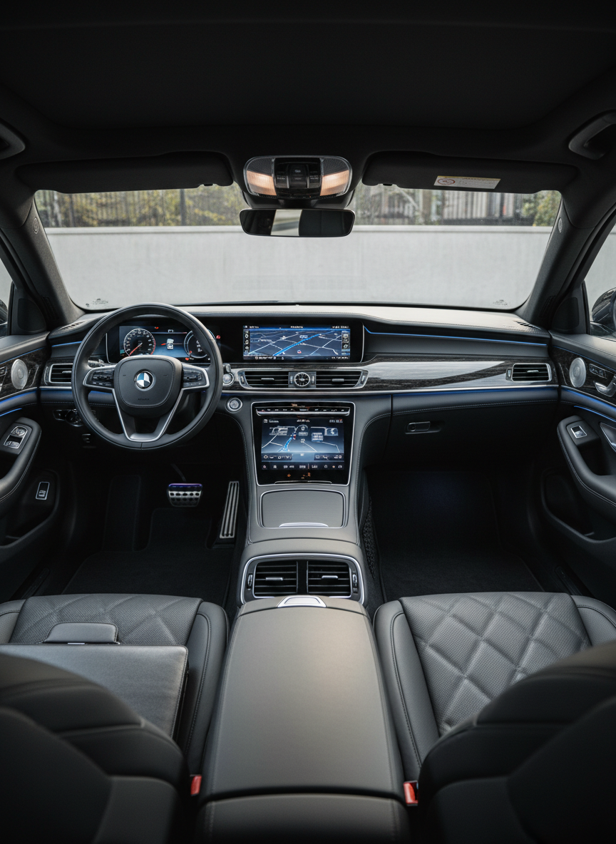 A meticulously organized interior of a premium chauffeured vehicle, showcasing black leather seats with precise stitching, a spotless center console, and a neatly arranged digital navigation screen displaying a planned business route. The camera is positioned from the rear, looking toward the dashboard, capturing the spacious legroom and clean floor mats. Soft, cool-toned ambient lighting from the dashboard and subtle daylight filtering through tinted windows create a balanced, low-contrast scene. A closed laptop and a slim leather briefcase rest securely on the rear seat, suggesting readiness for business travel without any visible branding. The composition uses a centered, symmetric layout, emphasizing order and comfort. The mood is calm, private, and efficient, with a photographic realism style and neutral color palette to match a professional corporate image.