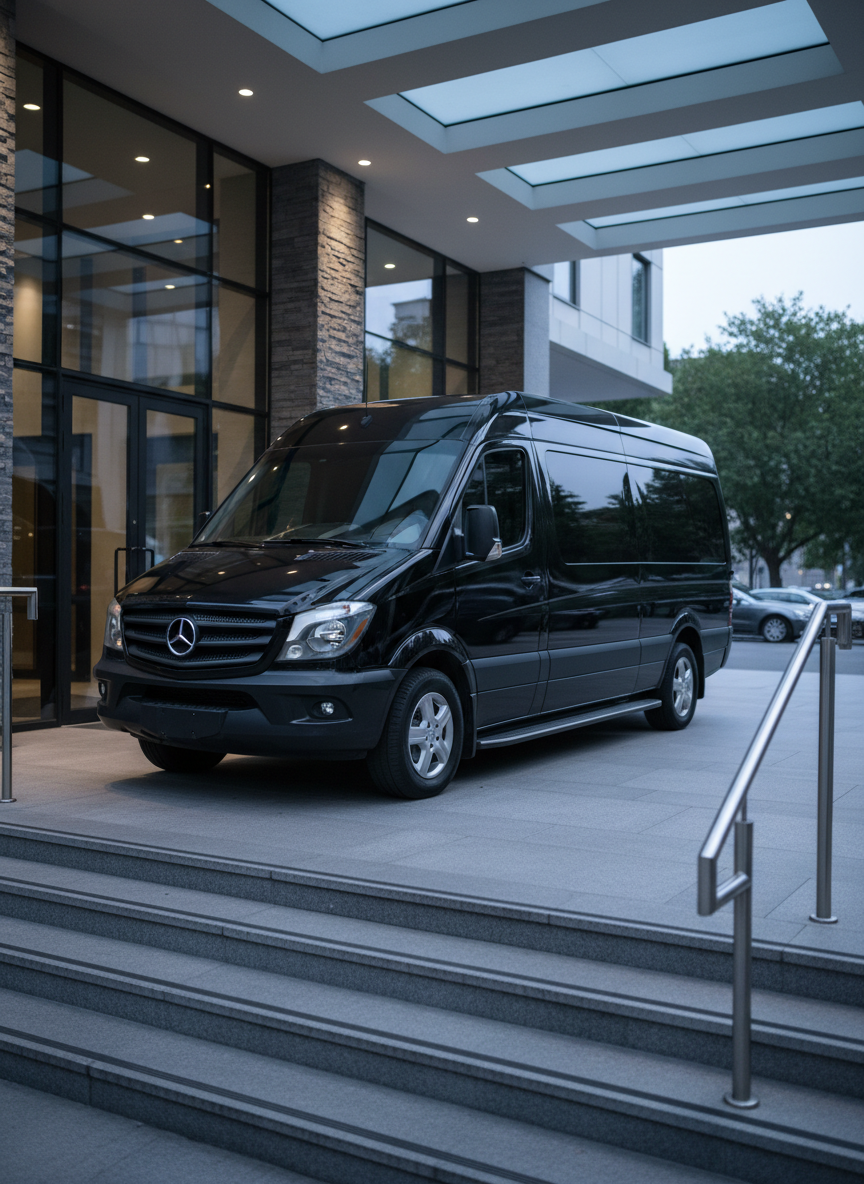 A polished black luxury van with tinted windows positioned at the base of a contemporary hotel entrance canopy, its sliding door closed and the body reflecting the hotel’s clean architectural lines. Smooth stone steps, stainless-steel railings, and large glass panels frame the vehicle. Early evening lighting casts a cool, refined ambiance, with discreet uplighting along the building façade creating subtle reflections on the van’s surface. The image is captured from a low, three-quarter angle, making the vehicle appear solid and dependable while revealing the structured geometry of the entrance. Background details are softly out of focus to avoid distraction. The mood is composed, upscale, and reliable, in a realistic photographic style with a professional, corporate tone ideal for illustrating private hotel transfers and executive car services.