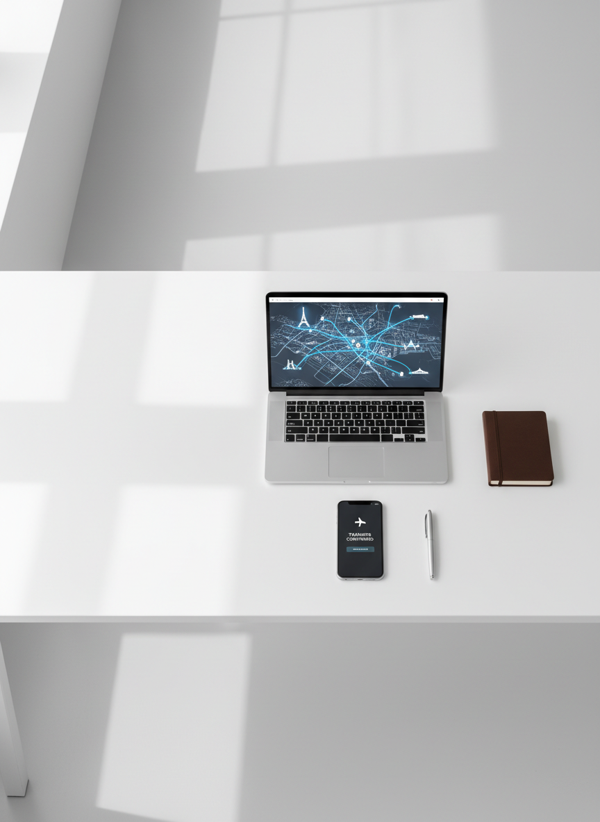 An overhead view of a minimalist workspace featuring a large, clean white desk with a silver laptop open to a stylized map interface showing multiple transfer routes between city landmarks and airports. Next to the laptop lies a sleek black smartphone displaying a booking confirmation screen, alongside a neatly aligned pen and a small, closed leather notebook. Soft daylight from an unseen window creates gentle, diffused shadows, keeping the scene bright but not harsh. The composition is carefully balanced with generous negative space, emphasizing clarity and organization. The mood is structured, trustworthy, and technology-driven, evoking a modern transportation coordination hub. The photographic style is clean and contemporary, with neutral grays, whites, and muted blues reinforcing a corporate aesthetic suited for a professional transfer service website.