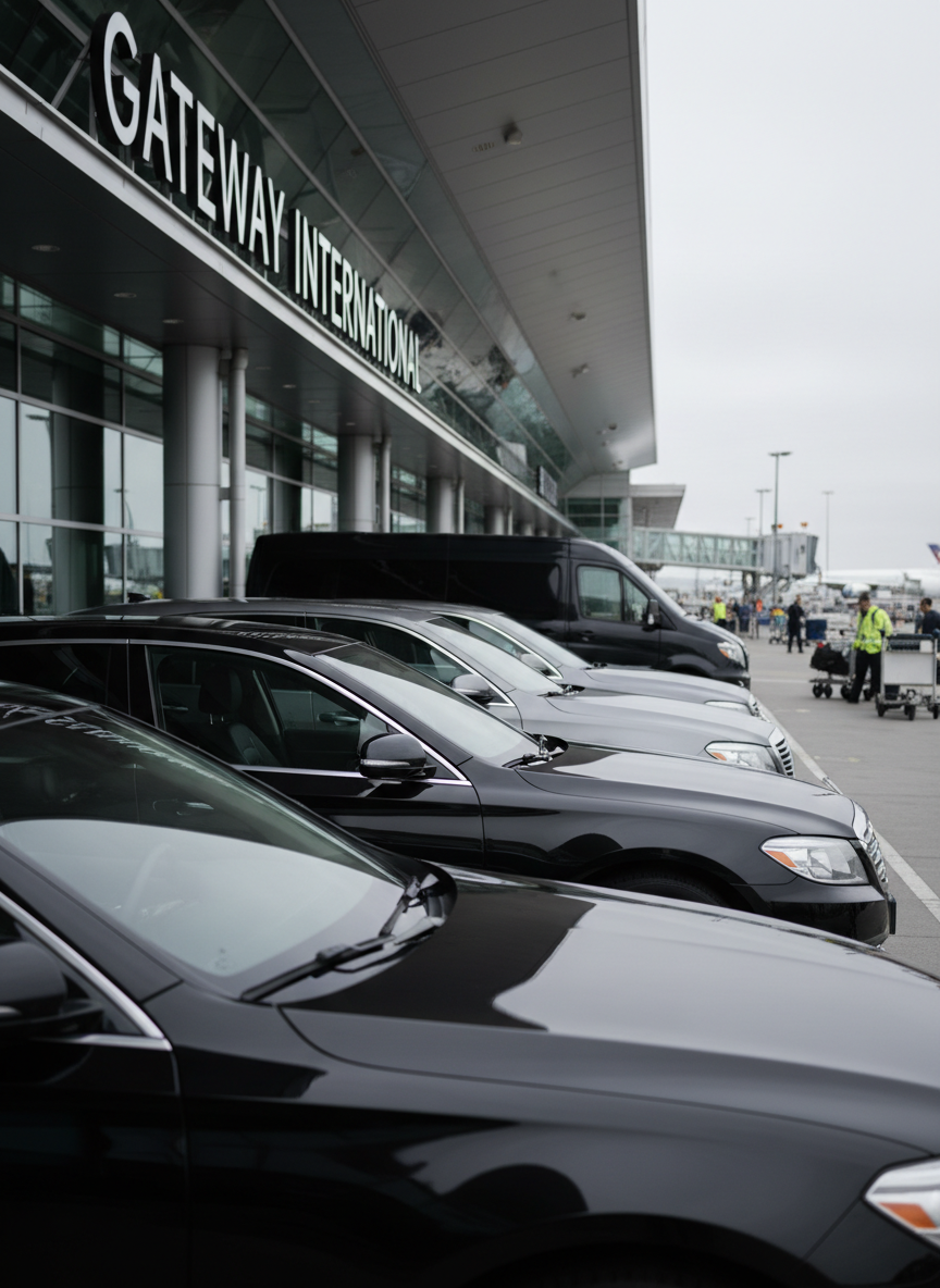 A row of high-end black and dark-silver business vehicles, including sedans, SUVs, and a luxury van, lined up in a perfectly straight formation outside a contemporary airport terminal entrance. The vehicles’ bodies are spotless, with crisp reflections of the terminal’s glass façade and metal beams. Overcast daylight provides soft, even illumination, eliminating harsh shadows while accentuating clean lines and symmetry. The composition is shot from a slightly elevated angle to show the entire fleet, with the closest vehicle in sharp focus and the others gradually receding in depth. Subtle motion blur hints at distant baggage carts and jet bridges, but remains unobtrusive. The mood is orderly, dependable, and corporate, with a photographic, minimalist style that emphasizes efficiency and professional transportation services.
